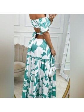 Boho floral print off shoulder cutout tie back dress teal green